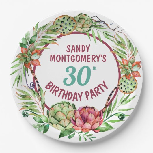 Rustic Succulent Floral 30th Birthday - Paper Bord (Voorkant)