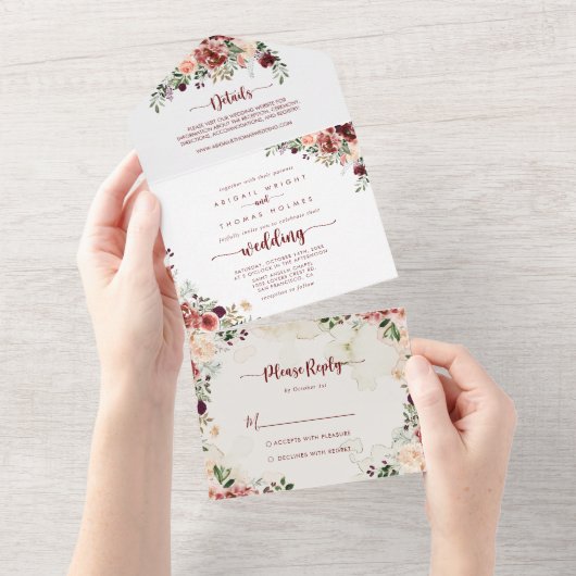 Rustic Summer Floral Calligraphy Wedding All In One Uitnodiging (Afscheurbaar)