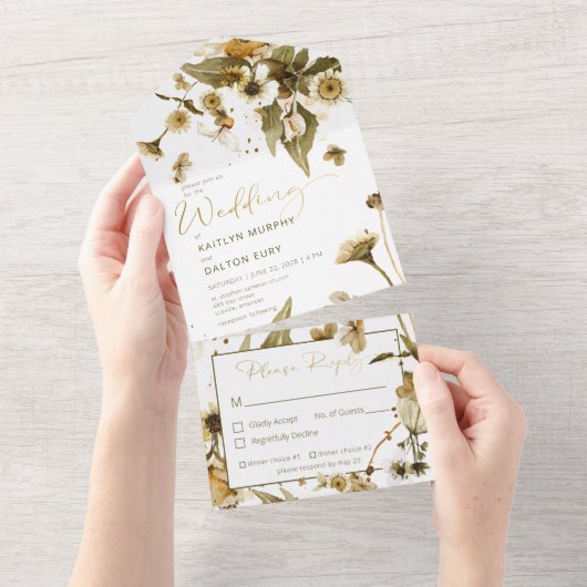 Rustic Summer Wildbloemen & Daisies Dinner All In One Uitnodiging (Afscheurbaar)