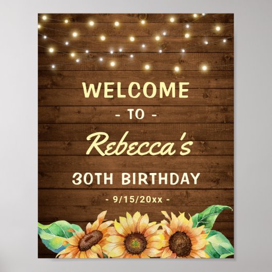 Rustic Sunflower 30th 40th Birthday Party Welcome Poster (Voorkant)