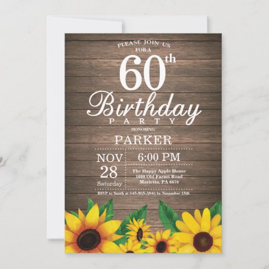 Rustic Sunflower 60th Birthday Uitnodiging (Voorkant)