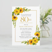 Rustic Sunflower 80th Birthday Party Invitation Kaart (Staand voorkant)