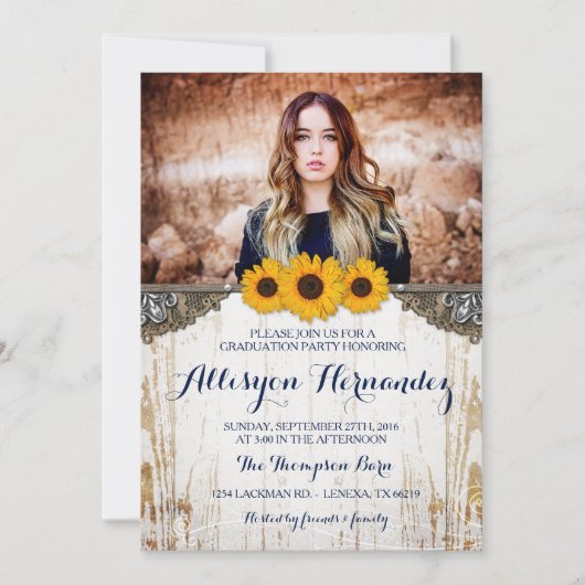 Rustic Sunflower Afstuderen Fotoaankondiging Kaart (Voorkant)