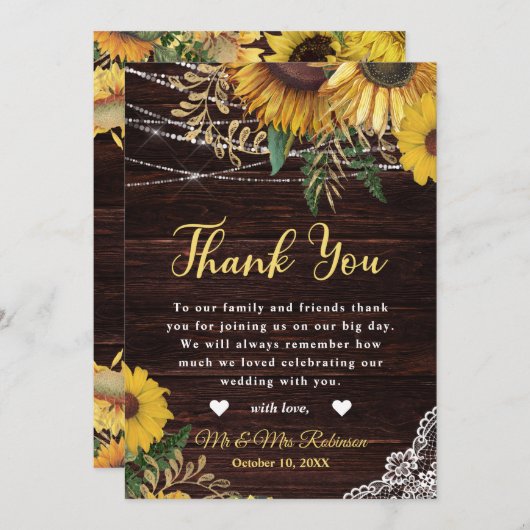 Rustic Sunflower and String Lights Wedding Bedankkaart (Voorkant / Achterkant)