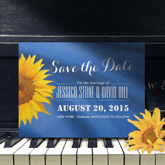 Rustic Sunflower Blue Fabric Save the Date Aankondigingskaart