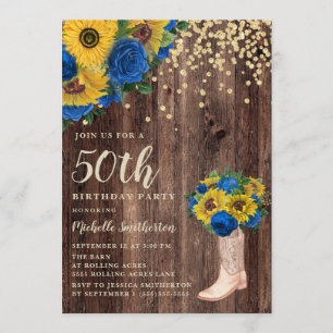 Rustic Sunflower Blue Rozen Boots 50th Birthday Kaart