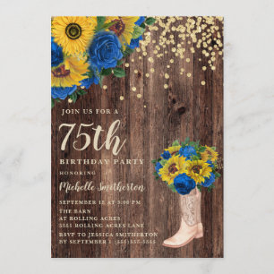 Rustic Sunflower Blue Rozen Boots 75th Birthday Kaart