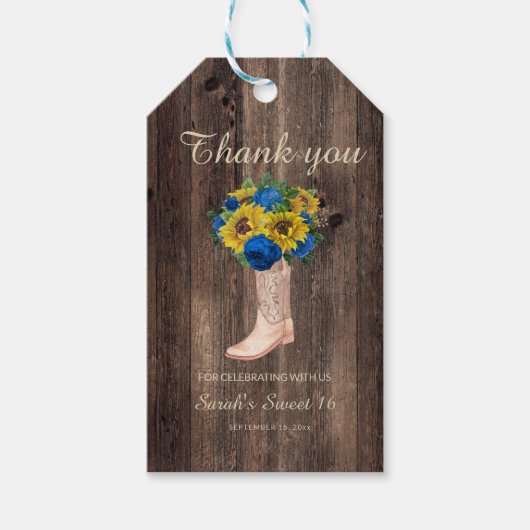 Rustic Sunflower Blue Rozen Boots Sweet 16 Cadeaulabel (Voorkant)