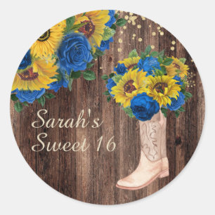 Rustic Sunflower Blue Rozen Boots Sweet 16 Ronde Sticker