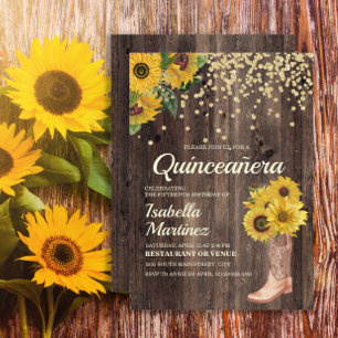 Rustic Sunflower Boots Glitter Quinceañera 15th Kaart