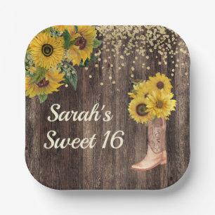 Rustic Sunflower Boots Glitter Sweet 16 Birthday Papieren Bordje