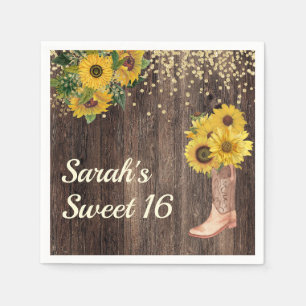 Rustic Sunflower Boots Glitter Sweet 16 Birthday Servet