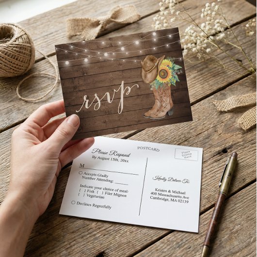 Rustic Sunflower Boots String Lights RSVP Uitnodiging Briefkaart