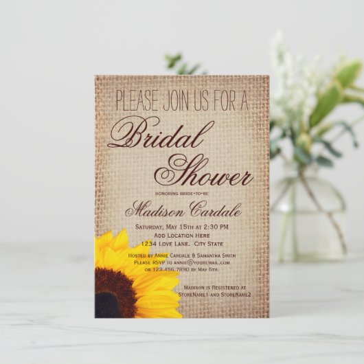 Rustic Sunflower Burlap Bridal Shower Invitations Kaart (Staand voorkant)