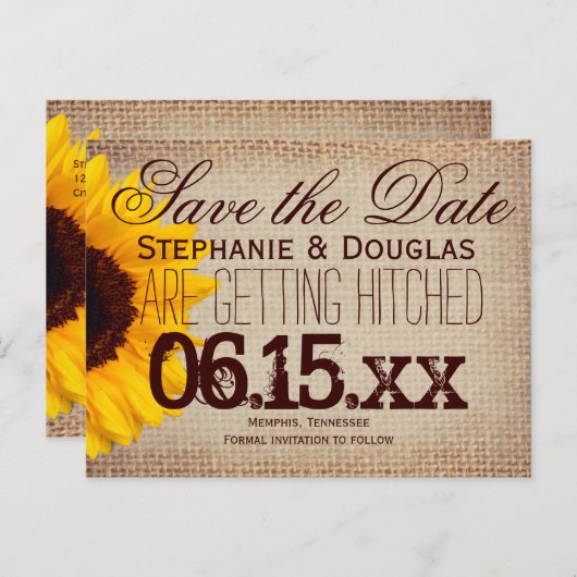 Rustic Sunflower Burlap Enregistrer la date Cartes (Devant / Derrière)