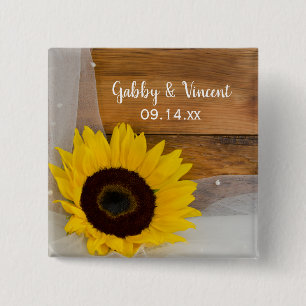 Rustic Sunflower en Bridal Veil country Wedding Vierkante Button 5,1 Cm