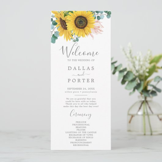 Rustic Sunflower Eucalyptus Programme de mariage (Debout devant)