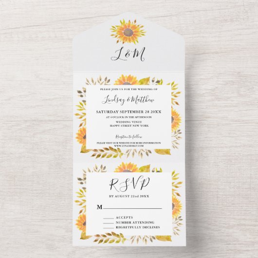 Rustic Sunflower Fall Wedding All In One Uitnodiging (Binnen)