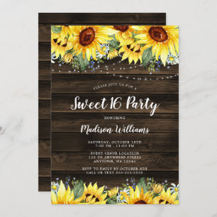 Rustic Sunflower Floral String Lights Sweet 16 Kaart