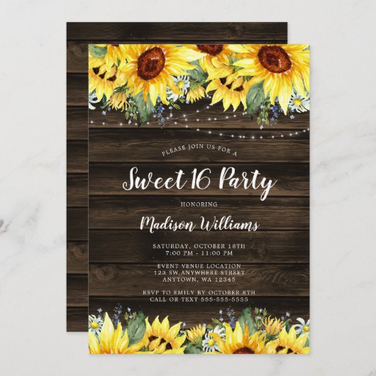 Rustic Sunflower Floral String Lights Sweet 16 Kaart (Voorkant / Achterkant)