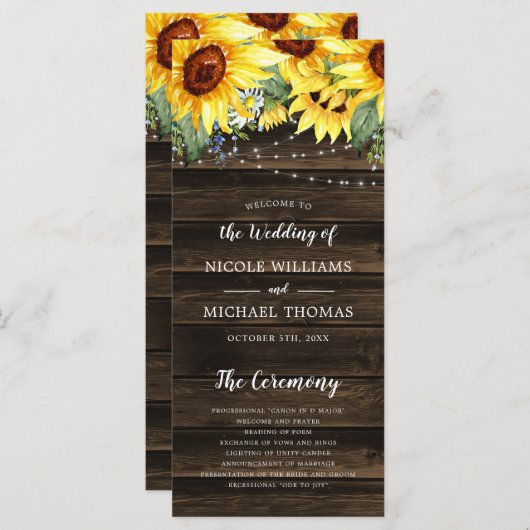 Rustic Sunflower Floral String Lights Wedding Programma (Voorkant / Achterkant)