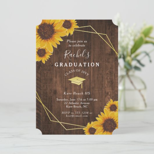 Rustic Sunflower Gold Geometric Graduation Party Kaart (Staand voorkant)