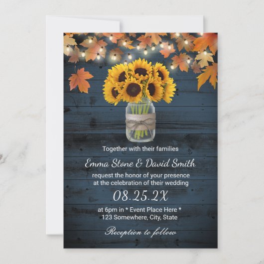 Rustic Sunflower Jar Navy Barn Wood Fall Wedding Kaart (Voorkant)