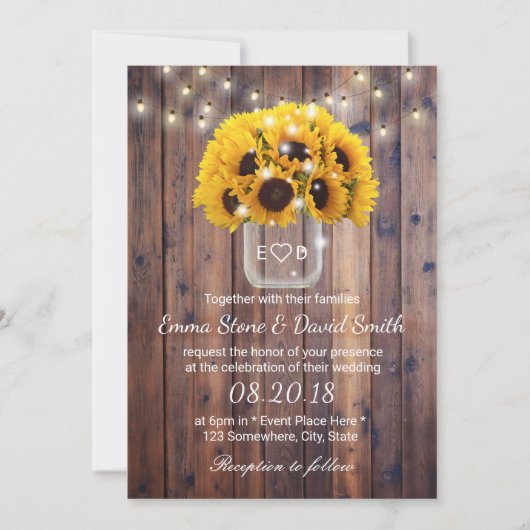 Rustic Sunflower Jar String Lights Barn Wedding Kaart (Voorkant)