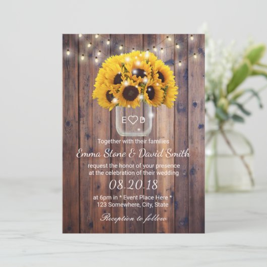 Rustic Sunflower Jar String Lights Barn Wedding Kaart (Staand voorkant)