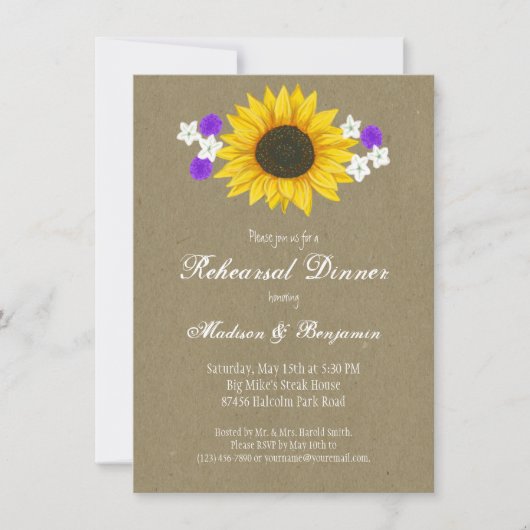 Rustic Sunflower Kraft Rehearsal Dinner Invites Kaart (Voorkant)
