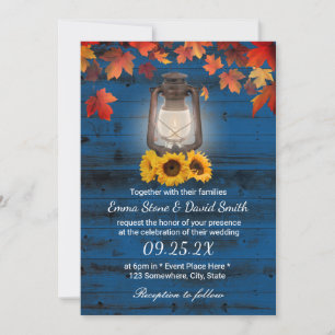 Rustic Sunflower Lantern Blue Fall Wedding Kaart