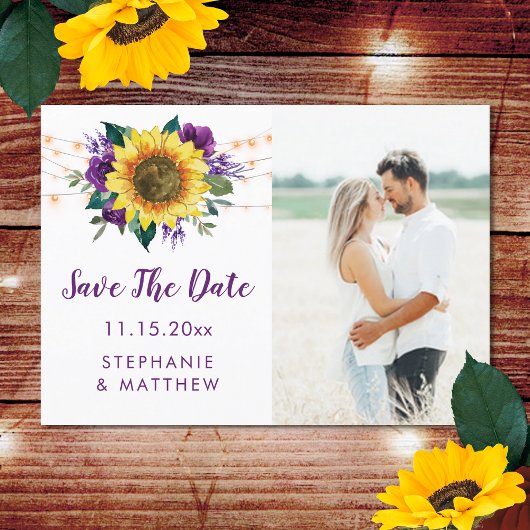 Rustic Sunflower Licht Paarse foto sparen de datum Save The Date