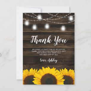 Rustic Sunflower Mason Jar Lights Sweet 16 Bedankkaart