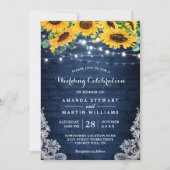 Rustic Sunflower Navy Blue String Lights Wedding Kaart (Voorkant)