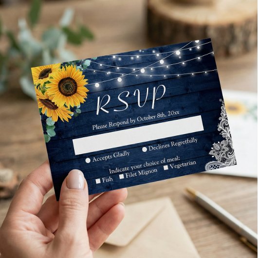 Rustic Sunflower Navy Blue String Lights Wedding RSVP Kaartje