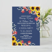 Rustic Sunflower Navy Blue Wedding Invitations Kaart (Staand voorkant)