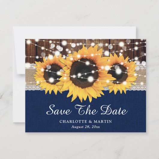Rustic Sunflower Navy Blue Wedding Save the Date Aankondiging (Voorkant)