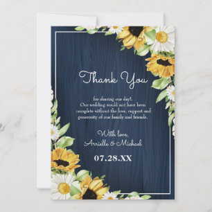 Rustic Sunflower Navy Blue Wood Background Weddens Bedankkaart