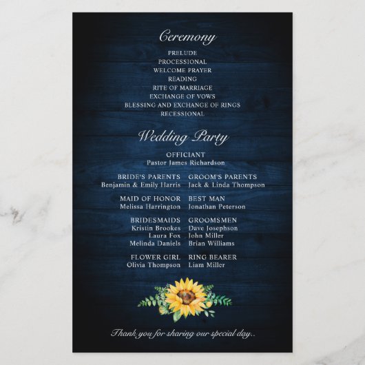 Rustic Sunflower Programme de mariage respiratoire (Dos)