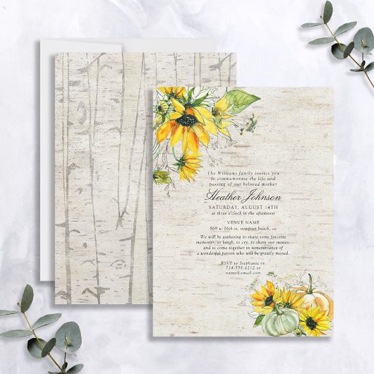 Rustic Sunflower Pumpkin Waterverf Birch Funeral Kaart