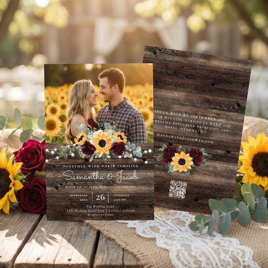 Rustic Sunflower QR Code RSVP Wedding Kaart
