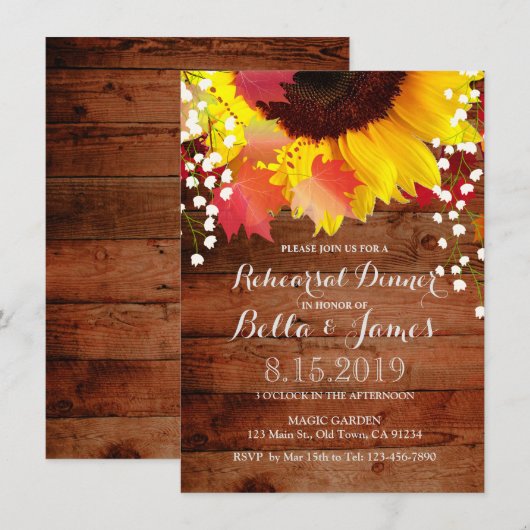 Rustic Sunflower Rehearsal Dinner Invitations Kaart (Voorkant / Achterkant)