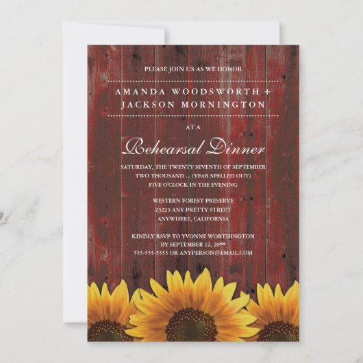 Rustic Sunflower Rehearsal Dinner Invitations Kaart (Voorkant)