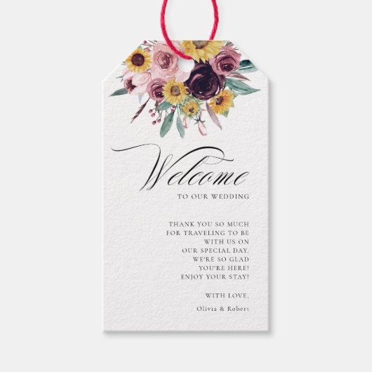Rustic Sunflower Roos Burgundy Wedding Welkom Cadeaulabel (Voorkant)
