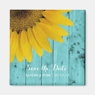 Rustic Sunflower Save the Date Turquoise Wood Magneet