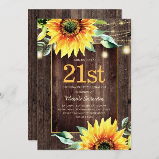 Rustic Sunflower String Light 21st Birthday Kaart (Voorkant / Achterkant)