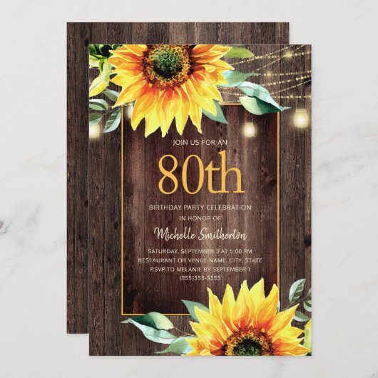 Rustic Sunflower String Light 80th Birthday Kaart (Voorkant / Achterkant)