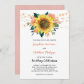 Rustic Sunflower String Light Peach Floral Wedding Kaart (Voorkant / Achterkant)