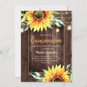 Rustic Sunflower String Light Quinceañera Birthday Kaart