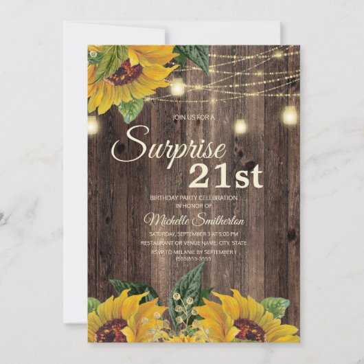 Rustic Sunflower String Light Surprise 21st Kaart (Voorkant)